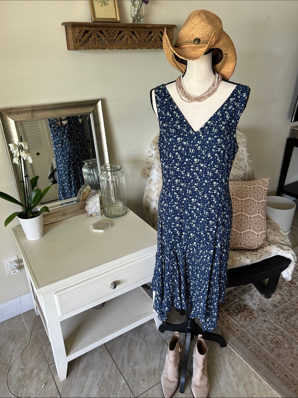Polo Ralph Lauren blue floral silk v neck sleeveless handkerchief, midi dress 8